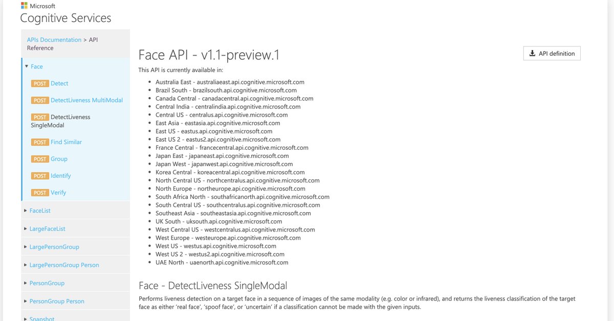 NicoRobPro's tweet image. #Azure #CognitiveServices news - #FaceAPI: v1.1 preview is out since yesterday on some locations (West Central US), with at least 2 new operations: here is Liveness detection! 👍
Should give it a try soon...