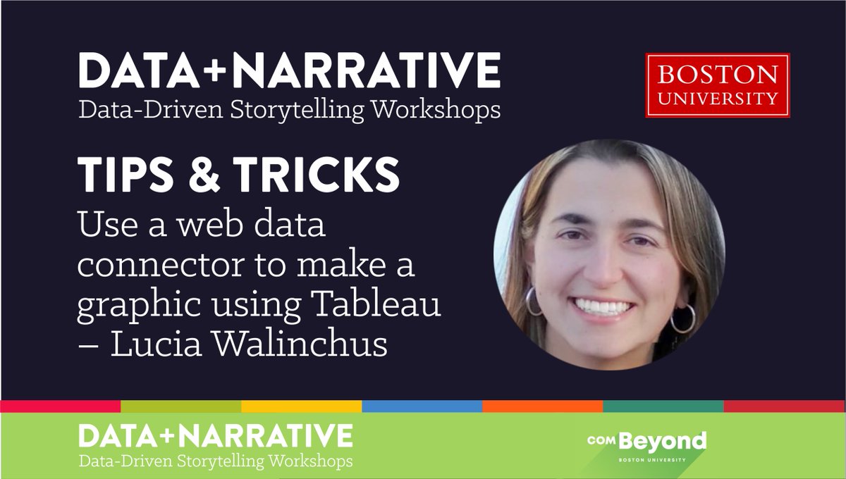 BUDataNarrative's tweet image. New #tipsandtricks video from #DataPlusNarrative Storytelling Workshop instructor, @SoSaysLucia . Learn how to use a web data connector and create an #interactive graph with @tableau . Early registration discounts end on Friday, May 1. 
combeyond.bu.edu/workshop/data-…