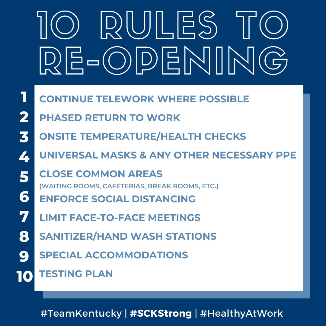 As our business community begins preparation for re-opening in the coming weeks, keep these 10 rules a part of your game plan!

#SCKStrong | #TeamKentucky | #HealthyAtWork