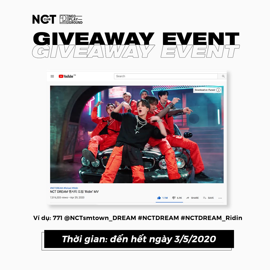 nctclubvn's tweet photo. 〖 📍GIVEAWAY 〗FOR NCT DREAM 💚 Let's get it!
👉 Hãy retweet &amp; reply lại tweet này: hình ảnh bạn đang stream cho NCT Dream đi kèm 1 số từ 1-999 và @NCTsmtown_DREAM #NCTDREAM #NCTDREAM_Ridin
⏰ Thời gian: đến hết ngày 3/5/2020 
(Không Retweet with a comment) https://t.co/04pjhThLUi