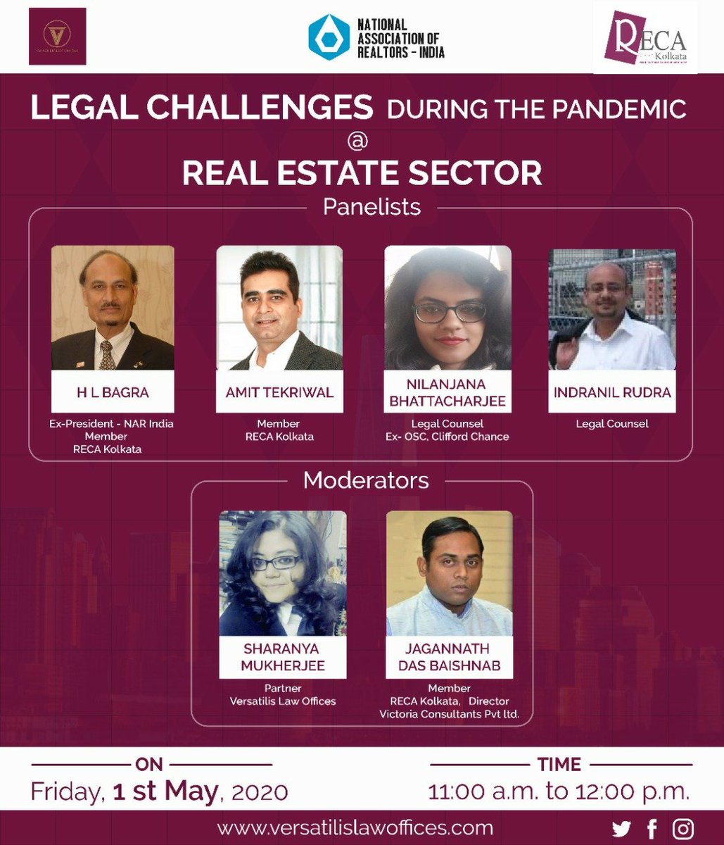 VersatilisP's tweet photo. We are pleased to announce a webinar on the Legal Challenges during the pandemic @ Real Estate Sector organised by Versatilis Law Offices in association with RECA and National Association of Realtors- India.

https://t.co/ZGN07MIxsH

Time: 11:00 AM-12:00PM IST
Date: May 1, 2020. https://t.co/zctQ8sHMCD