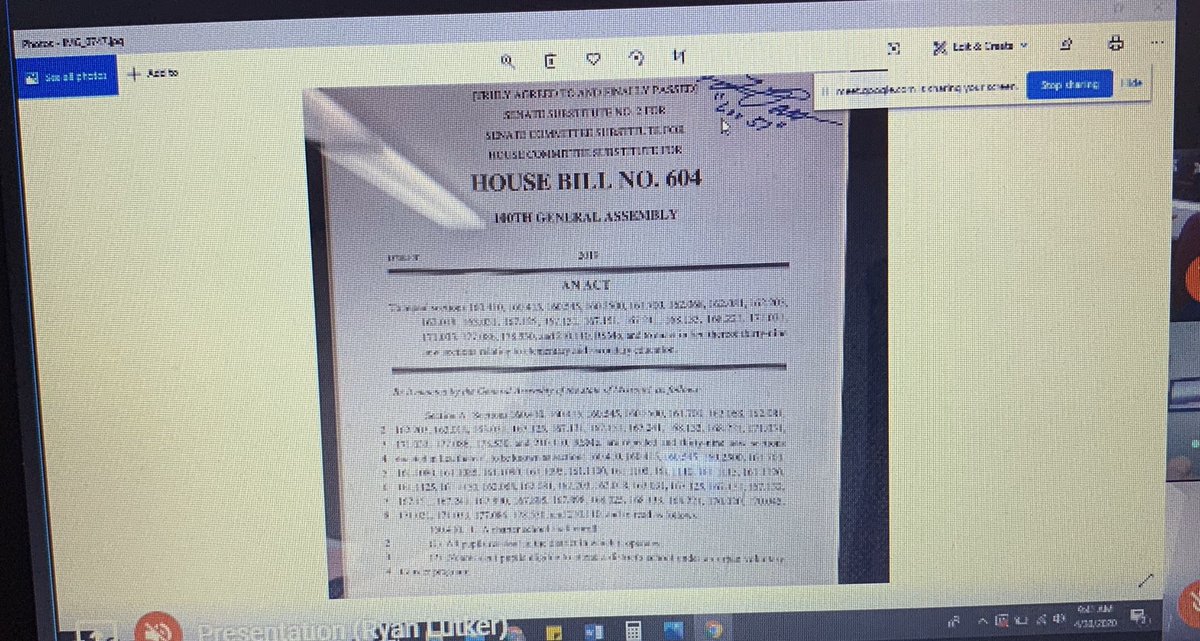 This is a picture of a bill signed by @GovParsonMO that Missouri Representative Paula Brown wrote and shared with the third grade <a href="/Iveland_Rocks/">Iveland Elementary</a> via google meet this morning. She took time out of busy day to educate about the government! #ritenourexcellence <a href="/MOHOUSECOMM/">House Communications</a>