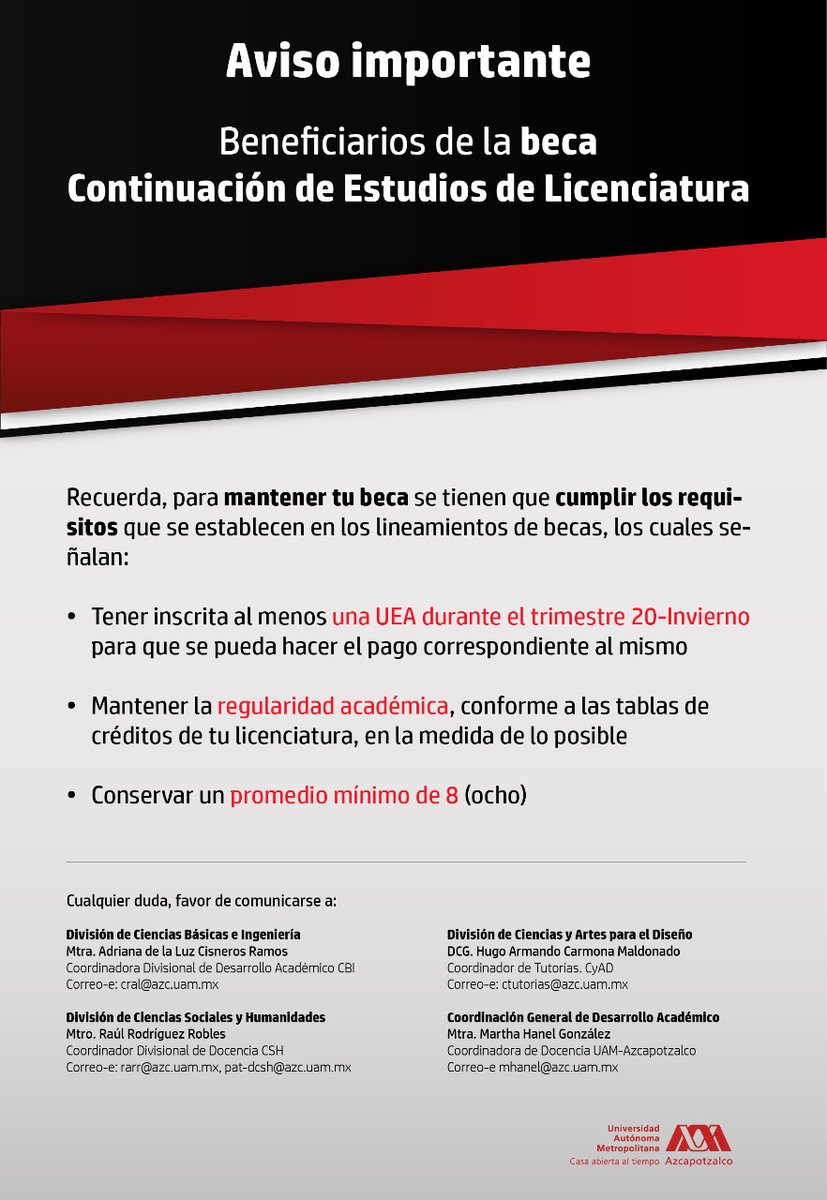 #PEER #Beca #SomosUAMAzc

‼️ Cualquier duda o aclaración comunicarse al correo correspondiente:

División de Ciencias sociales y Humanidades:
📧 rarr@azc.uam.mx
📧 pat-dcsh@azc.uam.mx