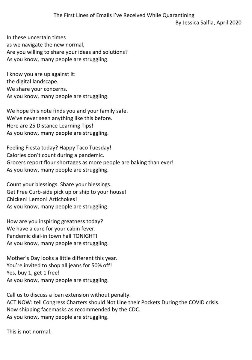 Ms_Strickler's tweet photo. The poem I’m carrying in my pocket today by @jessica_salfia: “The First Lines of Emails I’ve Received While Quarantined”🖊 #NationalPoetryMonth #TeachLivingPoets #PoemPocket #ShelterInPoems https://t.co/OJ9Ww0JrPK