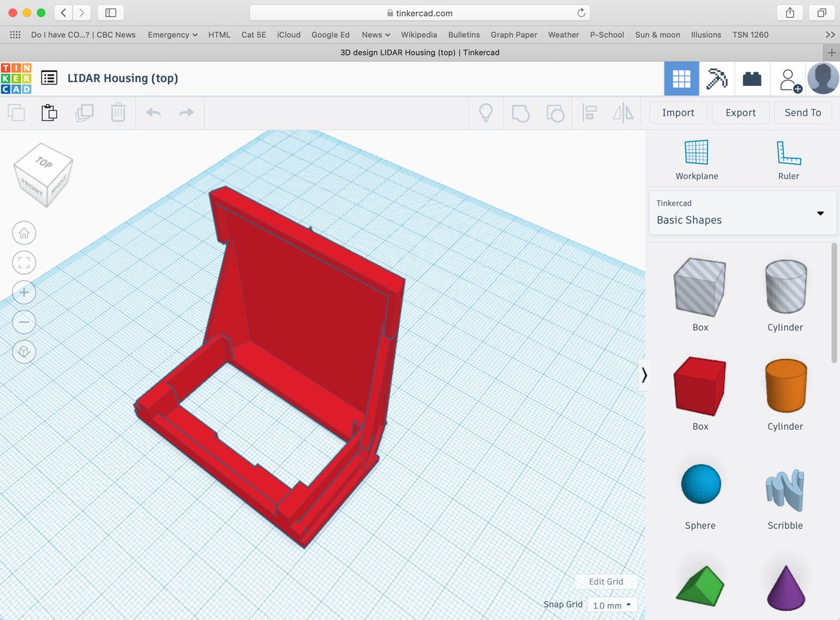 KevinHubick's tweet photo. Back in the lab and we've just finished our daily video staff meet. Really need to catch up on some marking when I'm not teaching today but hopefully can also run the last of the sensor assembly 3-D prints while I work! Here's a look at the protective housing for the LIDAR. https://t.co/pv4gvFpt6A