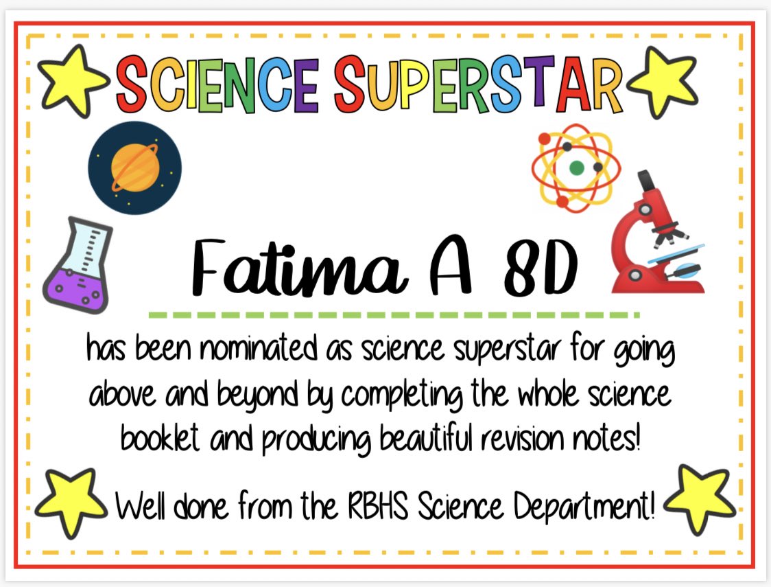 RBHSScience's tweet image. 🌟Science Superstars Week 1🌟 

👨‍🔬👩‍🔬🔭🦠🔬🧬🧫🧪🌿🌍
Congratulations to all our amazing pupils for all your hard work! We will be putting all names into the raffle so you could win a prize when we come back to school! #ScienceStars 

‼️Year 7 and 8 Winners‼️