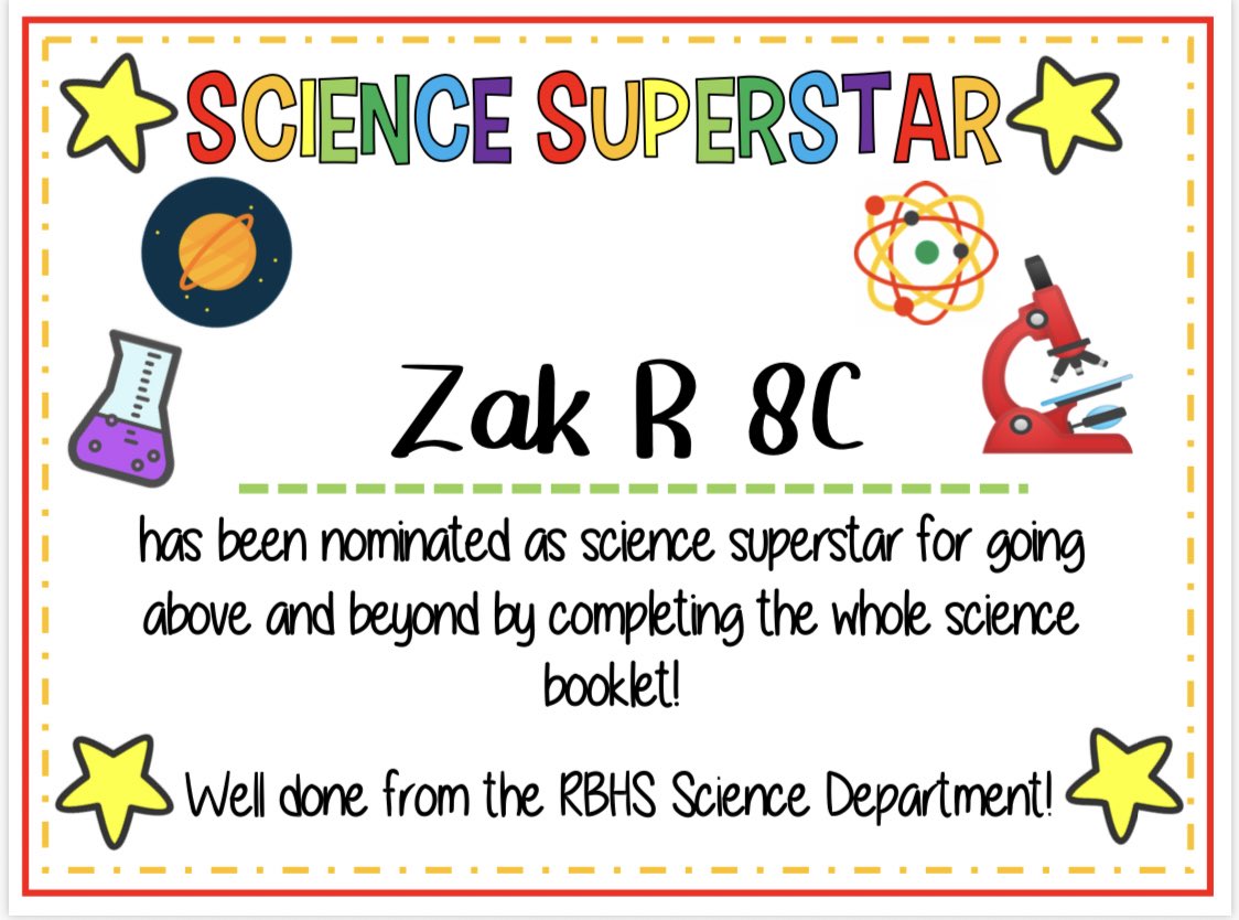 RBHSScience's tweet image. 🌟Science Superstars Week 1🌟 

👨‍🔬👩‍🔬🔭🦠🔬🧬🧫🧪🌿🌍
Congratulations to all our amazing pupils for all your hard work! We will be putting all names into the raffle so you could win a prize when we come back to school! #ScienceStars 

‼️Year 7 and 8 Winners‼️