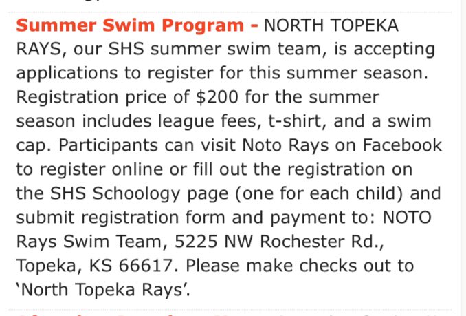 SwimmingVikes's tweet photo. if you are interested in swimming over the summer, make sure to sign up for the North Topeka Rays. This program is run by Class of 2018 graduates. Make sure to check it out!! https://t.co/NBbg3q0c9r