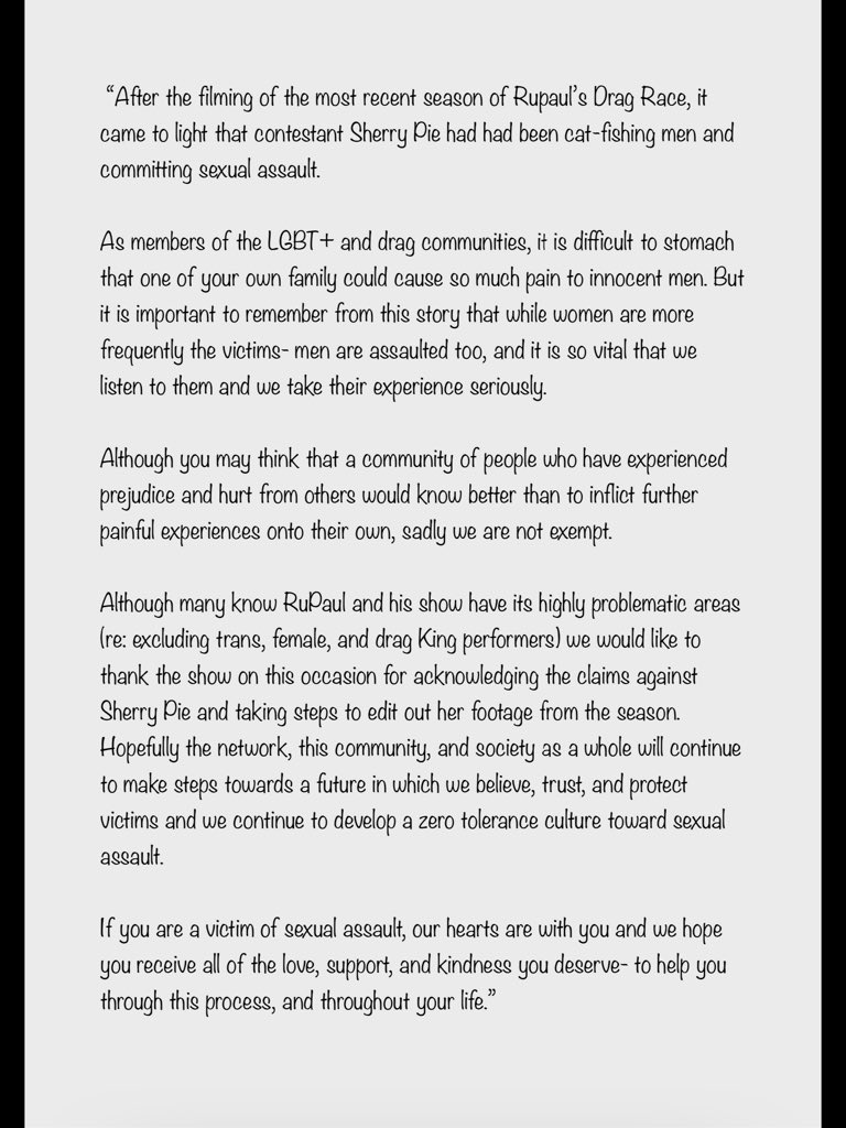 BystanderTeam's tweet image. We spoke to @roepaulsdragsoc about the #breakthesilenceonsexualviolence campaign and they were keen to share this story:

buzzfeednews.com/article/davidm… 

Highlighting issues around sexual violence in the drag community, the society wrote this: