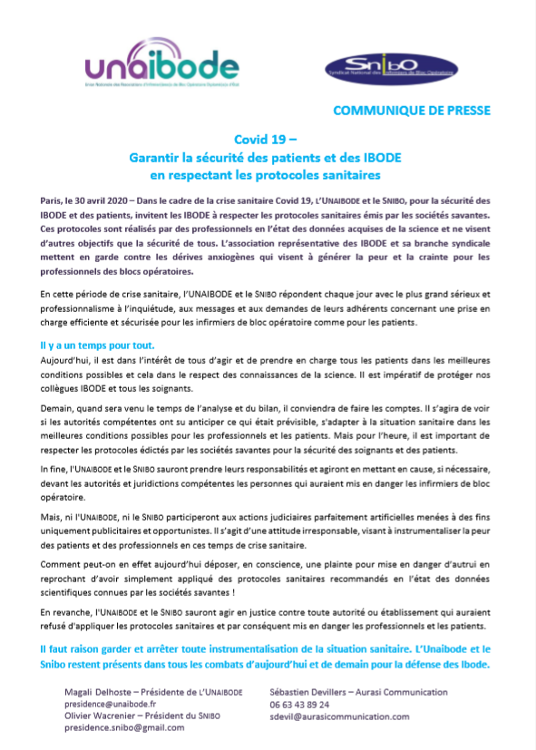 unaibode's tweet photo. Pour la #sécurité des patients et celle des #Ibode, l'@unaibode  et le @SyndicatIbo  invitent chacun à respecter les protocoles #sanitaires émis par les sociétés savantes. https://t.co/MgcxhdNfvM