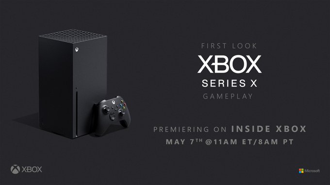 La console et la manette Xbox Series X se trouvent à gauche.  Le texte sur la droite indique "Premier aperçu", "Gameplay Xbox Series X", "Première sur Inside Xbox le 7 mai à 11h HE / 8h PT. Logo Xbox en bas à gauche et logo Microsoft en bas à droite.