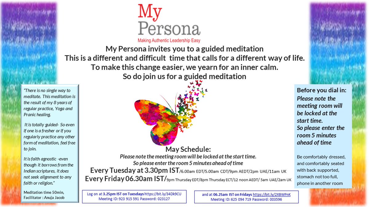 Supriyapersona's tweet photo. meditation for May @6.30am (IST)Fridays and 3.30pm(IST) Tuesdays #Mypersona Log in on zoom ##meditation #Anuja Jacob https://t.co/ccYld54L8y