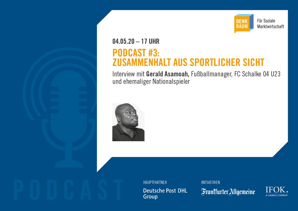 Erfahrt ab morgen Nachmittag von unserem Gast <a href="/GeraldAsamoah/">hero</a> mehr über Zusammenhalt aus sportlicher Perspektive! Und nicht nur das, am Dienstagabend ist er live dabei – meldet euch zum Stay@Home-Event des #DenkraumDigital unter denkraum-soziale-marktwirtschaft.de an