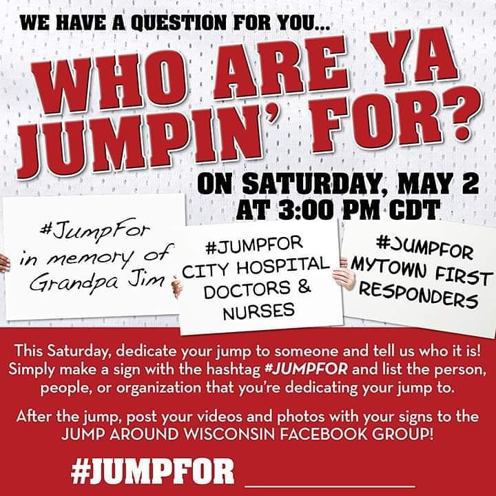 JumpWisconsin's tweet photo. Happy Thursday everyone!!!
Remember to #jumparound for the special people in your life and for our #frontlineworkers and #firstresponders! Use #jumpfor
We can't wait until this #Saturday #JumpAroundWisconsin
https://t.co/vJgU904aau https://t.co/oj50SmL6jO