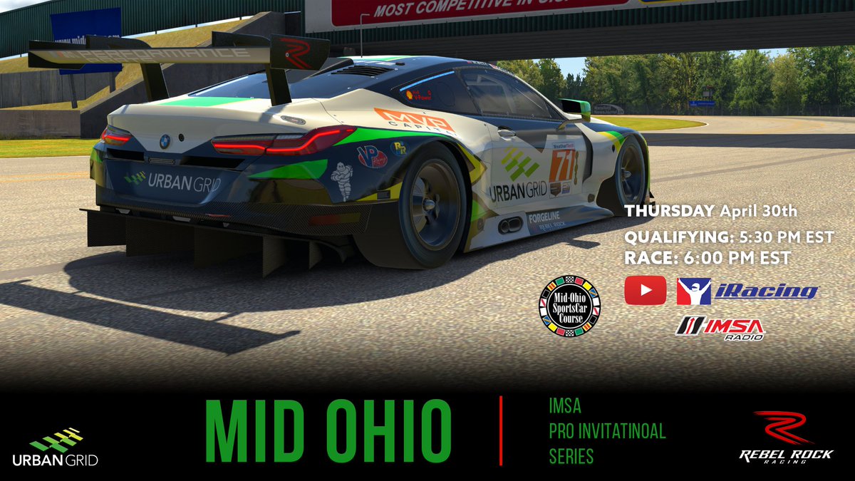 Do not miss tonight's <a href="/Hagerty/">Hagerty</a> Presents <a href="/IMSA/">IMSA</a> <a href="/iRacing/">iRacing</a> from <a href="/Mid_Ohio/">Mid-Ohio</a>. <a href="/specutainment/">Midweek Motorsport</a> and the crew doing the call for <a href="/IMSARadio/">IMSA Radio</a> and you can follow via the iRacing YouTube and Facebook Channels. <a href="/MBellRacing/">Matt Bell</a> will qualify the Rebel Rock <a href="/Urban_Grid/">Urban Grid Solar</a> BMW M8 GTe at 5:30 EST.