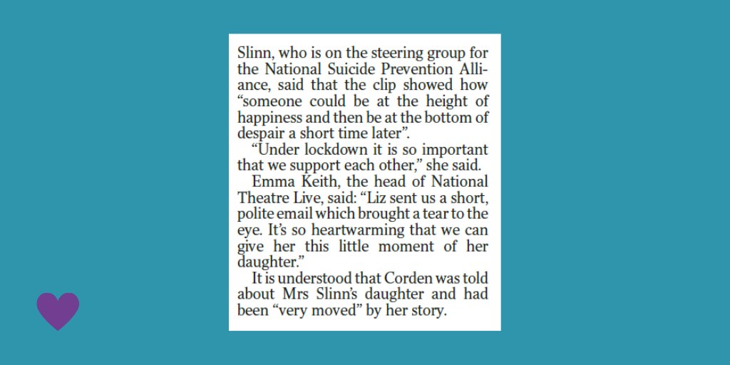 PAPYRUS (@papyrus_charity) on Twitter photo We wanted to share this lovely story of one of our <a href="/NSPA_UK/">National Suicide Prevention Alliance</a> colleagues, Liz Slinn, featured in today's <a href="/thetimes/">The Times and The Sunday Times</a>. When watching a broadcast of the <a href="/NationalTheatre/">National Theatre</a>'s One Man, Two Guvnors, she noticed her daughter Philippa in the audience. You can read the piece, hereπ: We wanted to share this lovely story of one of our <a href="/NSPA_UK/">National Suicide Prevention Alliance</a> colleagues, Liz Slinn, featured in today's <a href="/thetimes/">The Times and The Sunday Times</a>. When watching a broadcast of the <a href="/NationalTheatre/">National Theatre</a>'s One Man, Two Guvnors, she noticed her daughter Philippa in the audience. You can read the piece, hereπ: