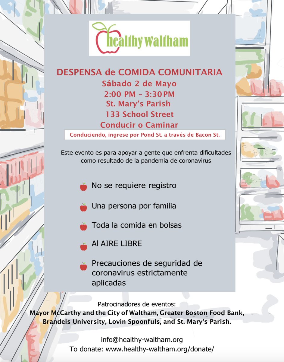 CityofWaltham's tweet photo. PLEASE SHARE: Healthy Waltham's next Community Response Pantry for those facing hardship due to the coronavirus pandemic will be held this Saturday, May 2nd, from 2PM-3:30PM at St. Mary's Parish parking lot (enter from Pond St.). Drive-up or Walk-up options available: https://t.co/CsGwmQ3Xfv