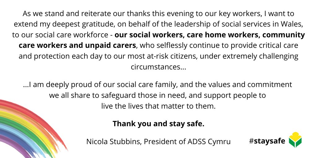 ADSSC_President's tweet photo. As we give thanks again this evening to our key workers, I want to express my deepest gratitude, on behalf of the social services leadership in Wales, to our #socialcare workers; and to assure you of the work we are doing to support you: https://t.co/Vq0JUT54Jq
#ClapForOurCarers https://t.co/Ms9hUcl6Fr