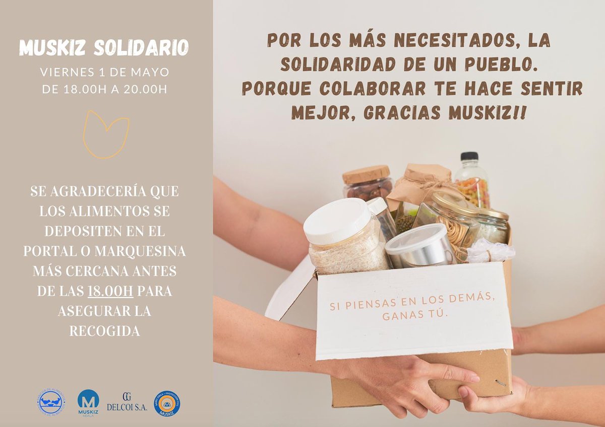 Muskiz's tweet photo. Animar a todos los #vecinos y vecinas, que les sea posible, a participar en la #recogida que se realizará mañana, 1 de mayo en #Muskiz.
Bihar, maiatzaren 1ean, Muskizen egingo den #janari bilketan parte hartzera animatzen ditu #herritar guztiak. https://t.co/wY21UUbGuL