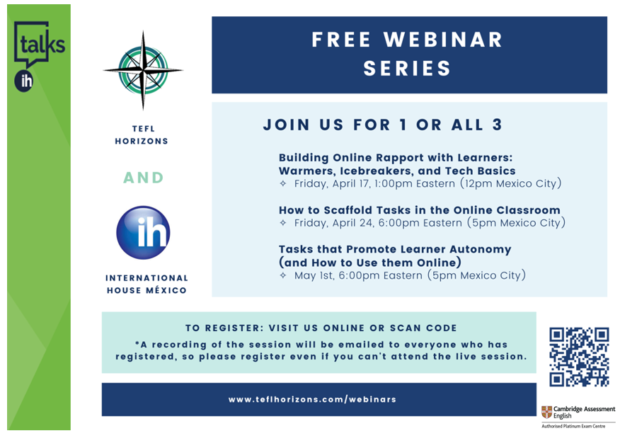 ihmexico's tweet photo. Keep developing your teaching skills at home! 🏠
Ih Talks, in conjunction with TEFL horizons, presents its new exciting series of free ELT webinars! 👨‍💻👩‍💻👌
👉 For more information email: orlando@ihmexico.com https://t.co/k7ODXbQb9p