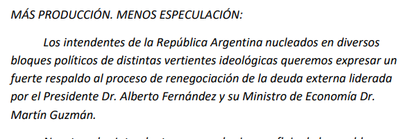 El Foro de Intendentes Radicales adhiere a la solicitada "Más producción. Menos especulación", en respaldo al proceso de renegociación de la deuda externa liderada por el presidente <a href="/alferdez/">Alberto Fernández</a> y su ministro de Economía <a href="/Martin_M_Guzman/">Martín Guzmán</a>
Texto completo en facebook.com/intendentesucr…