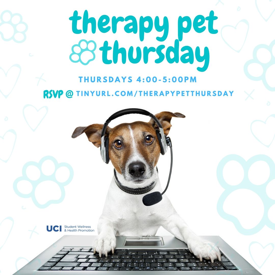 Join us and our furry friends for some casual conversation and cute pets. Bring your pet and introduce them! Don't have one? No worries!  RSVP here tinyurl.com/therapypetthur…. We will send you the zoom link 1 hour prior to the session. Questions? Email ndazzo@uci.edu.