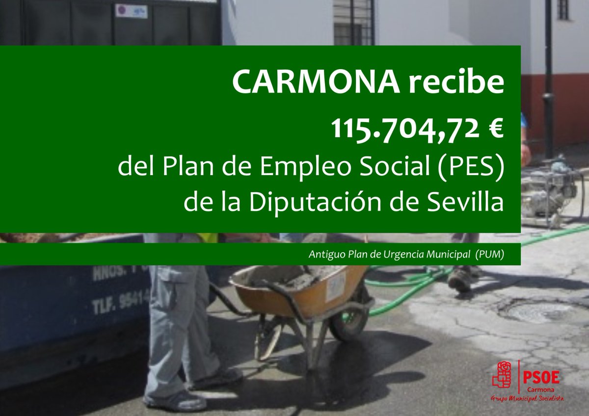 Diputación aprueba Plan de Empleo Social. 
Carmona recibirá 115.704,72 euros
#Dipusevilla #Carmona #GMSocialistacarmona
