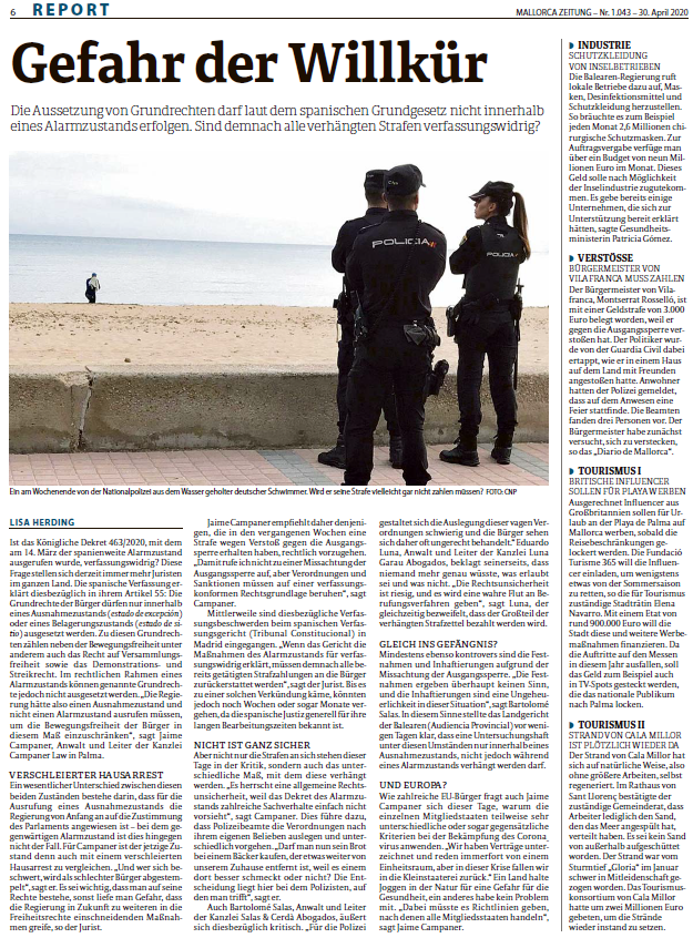 Stellungnahme von Prof. Dr. <a href="/JaimeCampaner/">Jaime Campaner</a> zum Alarmzustand in Spanien. Seiner Meinung nach verfassungswidrig, er schlägt eine globale Lösung vor, da Spanien und Deutschland Mitglieder der EU sind, konfiguriert als einheitlicher Raum der Freiheit, der Sicherheit und des Rechts.