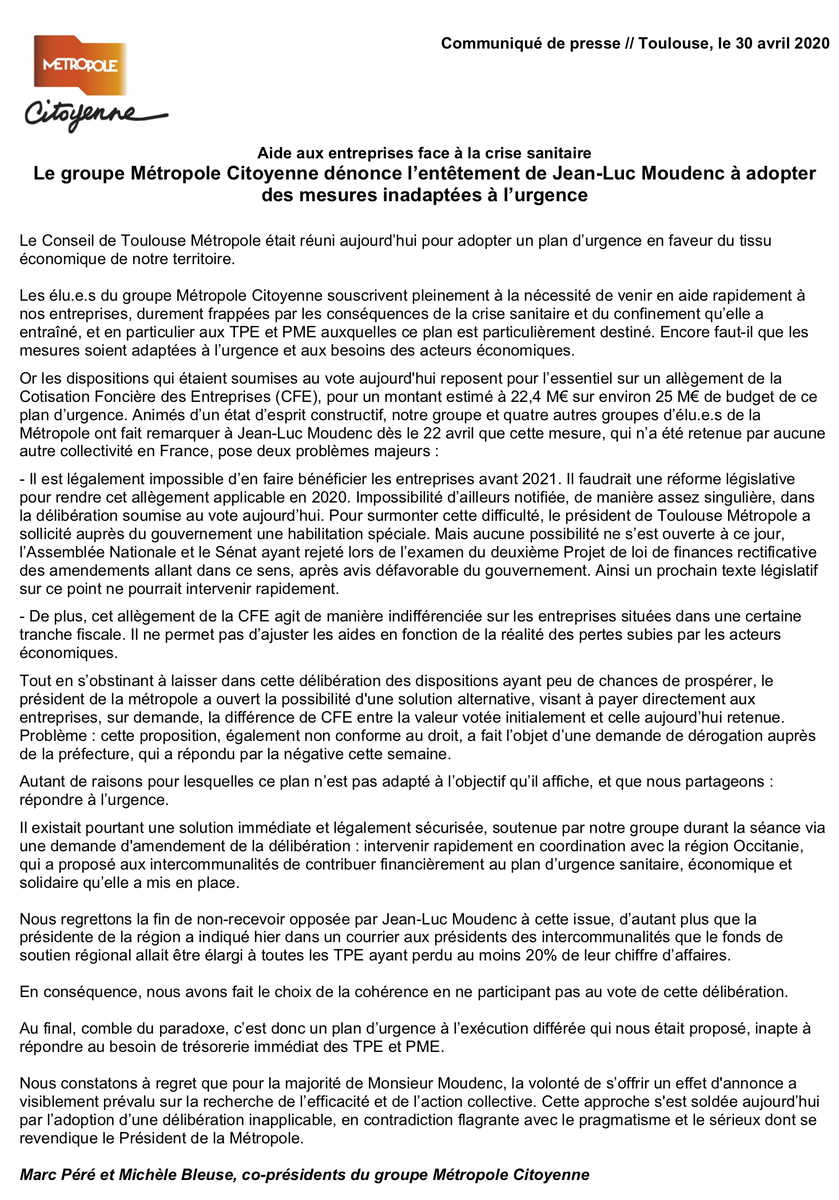 MtropoleCitoye1's tweet photo. #ConseilTM Aide aux entreprises face à la crise sanitaire : 
nous dénonçons l’entêtement de @jlmoudenc à adopter des mesures inadaptées à l’urgence. #Toulouse 
@RegisGodec @marc_pere @MicheleBleuse @AntoineMAURICE https://t.co/t5G2y5LjQ1