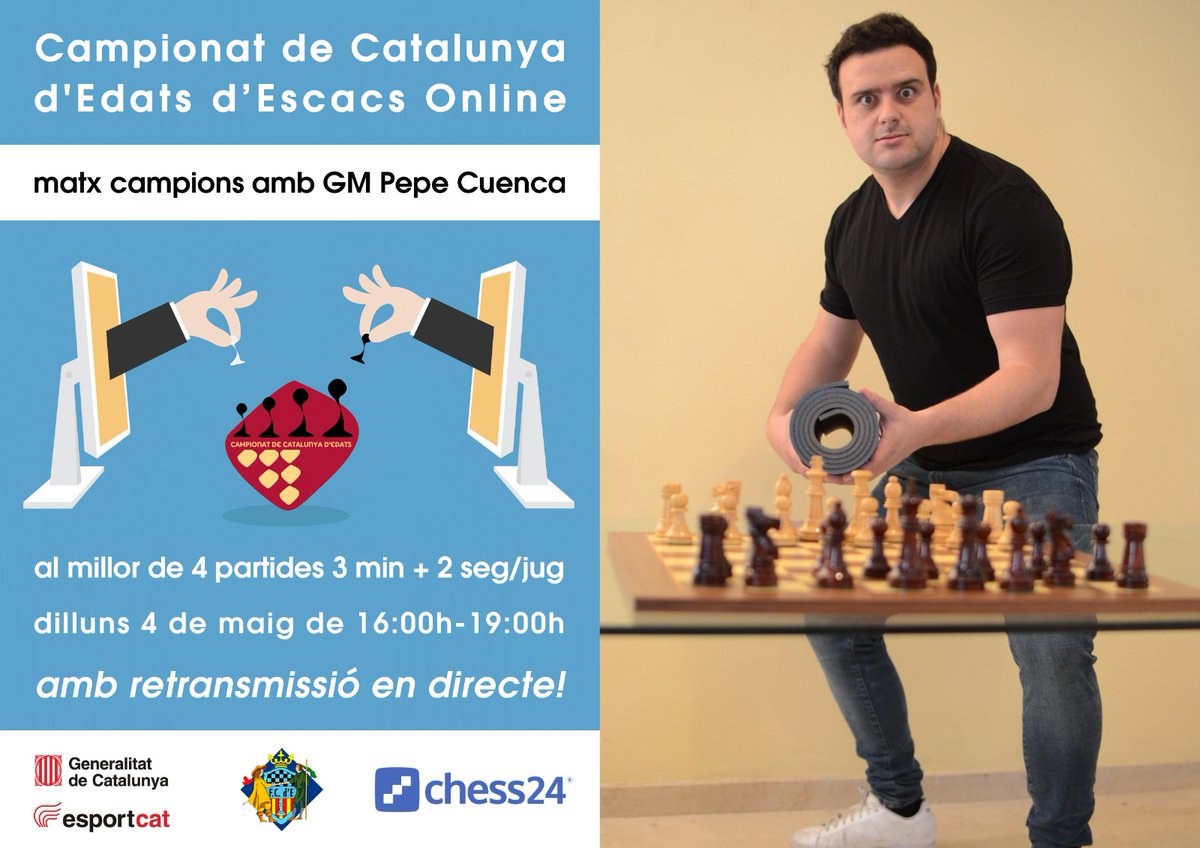 Dilluns 4 de maig (16:00h) els primers classificats en les diferents categories del "Campionat de Catalunya d'Edats d'#escacs online" jugaran un matx amb el GM Pepe Cuenca, el comentarista més mediàtic de <a href="/chess24es/">chess24.es</a>.

No us perdeu la retransmissió!

➡️ bit.ly/3d3mf28