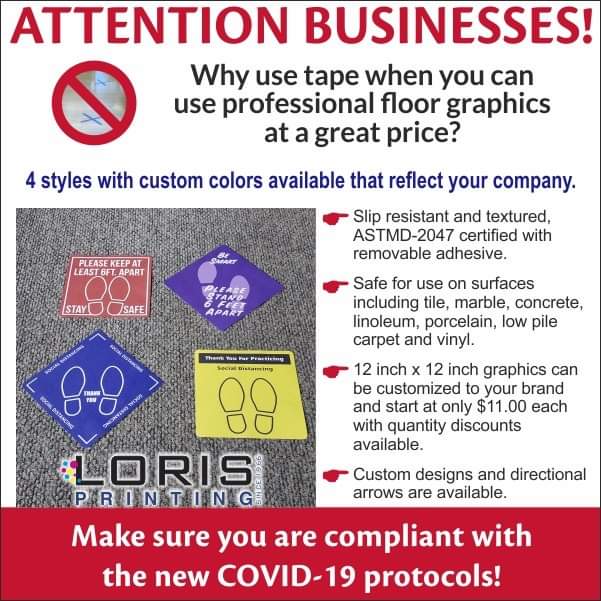 LorisPrinting's tweet photo. With the announcement of businesses opening or being able to open soon, we have social distancing floor graphics available.

Don’t forget to include window and wall graphics to show your customers and employees you are compliant with the COVID-19 protocols. https://t.co/UQ7LY7Elsl