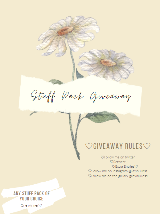 lexibuilds's tweet image. Sul Sul! Thx for over 100 followers! To celebrate here's a giveaway! Any Stuff Pack of your choice! Rules Below!
Giveaway ends May 14th! Good Luck!♡