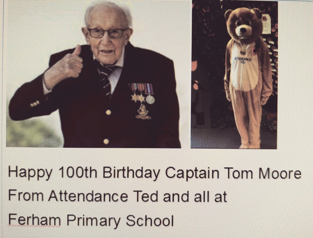 Happy 100th birthday Captain Tom Moore <a href="/captaintommoore/">Captain Sir Tom Moore</a> from all the pupils and staff at Ferham Primary  School #CaptainTom100