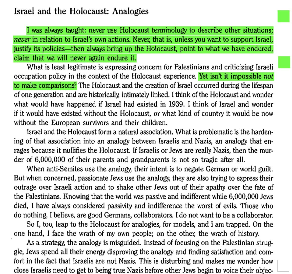 again, from irena, in "Yom Hashoah, Yom Yerushalayim," her essay about her remarks at the 45th anniversary of the warsaw ghetto uprising, where she, a survivor, raised the violence committed against palestiniansunwillingness to make comparisons cheapens it, and yet, it& #39;s thorny