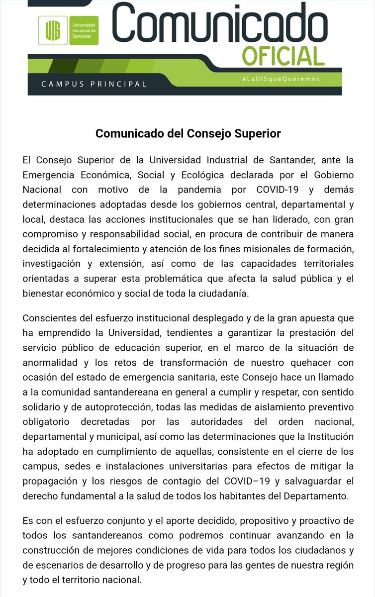 UIS's tweet photo. #Atención Comunicado del Consejo Superior. https://t.co/pQYPCDPFFG