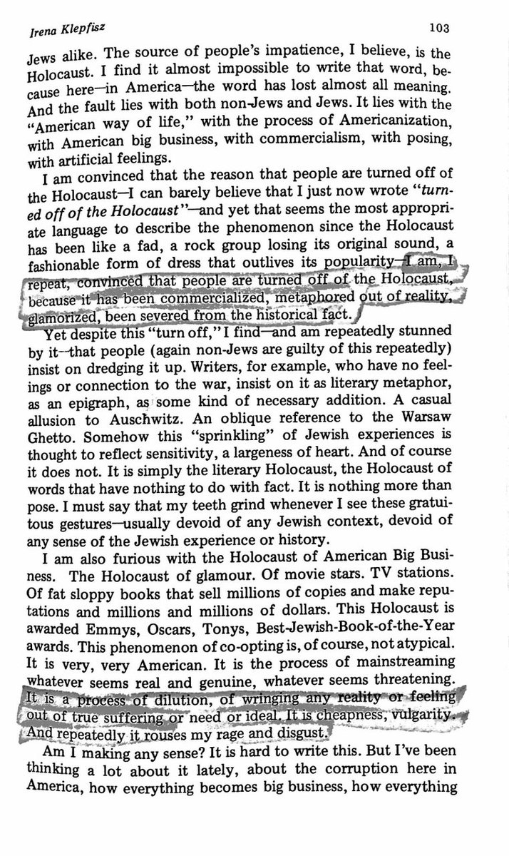 starting at the last point:the words of irena klepfisz, jewish lesbian-feminist, socialist, child survivor of the warsaw ghetto, in her essay "Resisting and Surviving America"about holocaust narrativization and cheapening of the holocaust by jews & non-jews