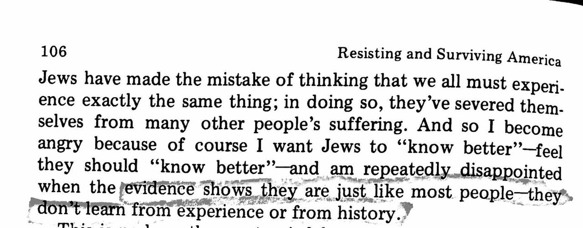 starting at the last point:the words of irena klepfisz, jewish lesbian-feminist, socialist, child survivor of the warsaw ghetto, in her essay "Resisting and Surviving America"about holocaust narrativization and cheapening of the holocaust by jews & non-jews