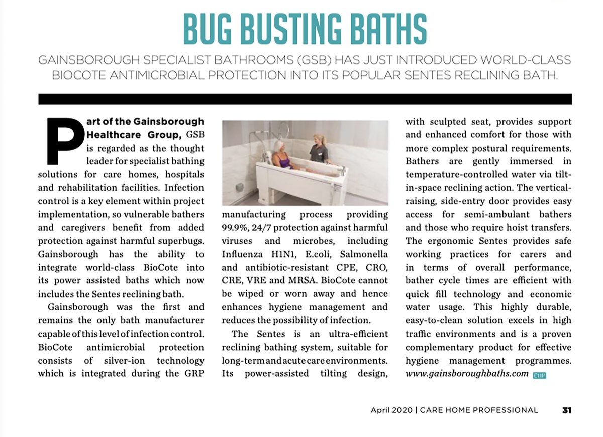 GSB_Baths's tweet photo. Excellent edit by @carehomepro in their latest issue highlighting the 'bug busting' antimicrobial protection our specialist baths deliver, even more essential now.
https://t.co/SMDRstZ3rh
#coronavirus #infectioncontrol #infectionprevention #carehome #assistedbaths #caresector https://t.co/tcvMH8eok6
