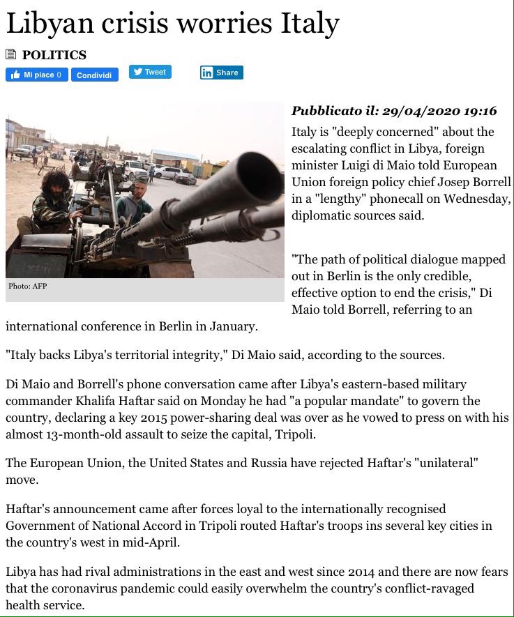 The US and France are actually behind every move Haftar makes. «The European Union, the United States and Russia have rejected Haftar's "unilateral" move».  https://www.adnkronos.com/aki-en/politics/2020/04/29/libyan-crisis-worries-italy_Lt0ZjoPhGYzAuSrZBzENCO.html