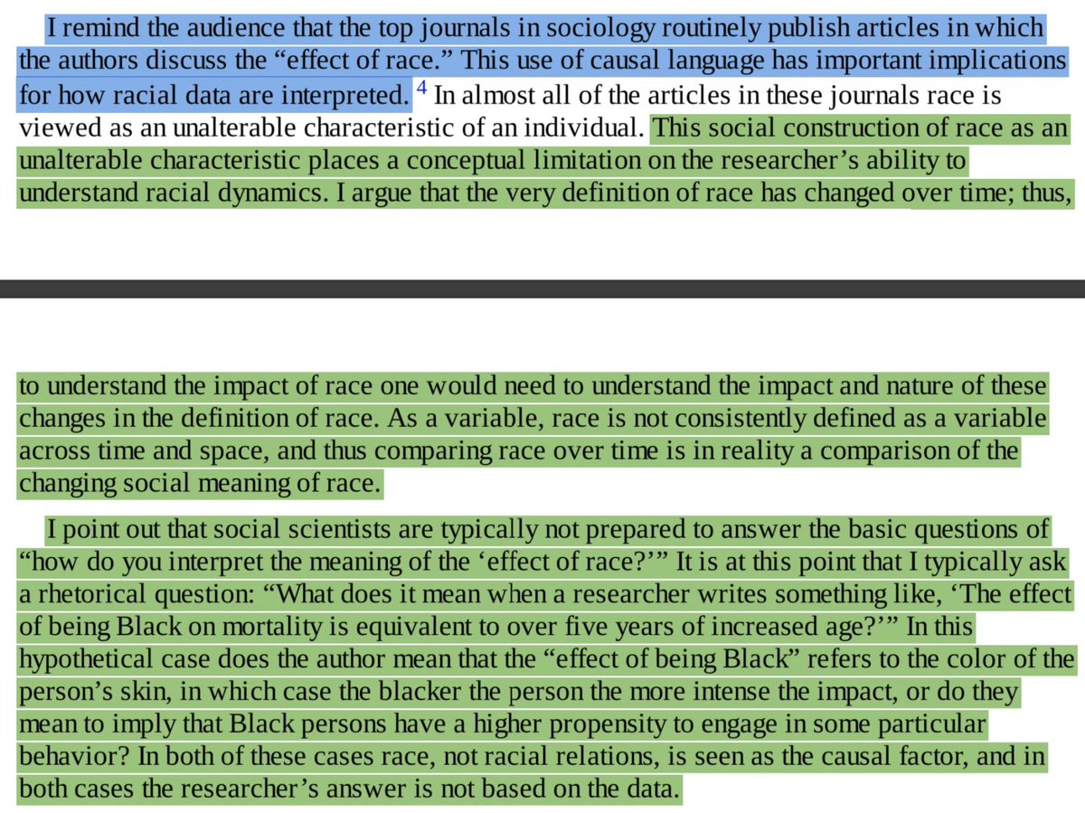 as a helpful aside: we have to always remember that race is not 'real.' no one is 'of' a race. only race science says race is real and identifiable. racial relations are real, and they change. this is from "White Logic and White Methods" by Eduardo Bonilla-Silva and Tukufu Zuberi