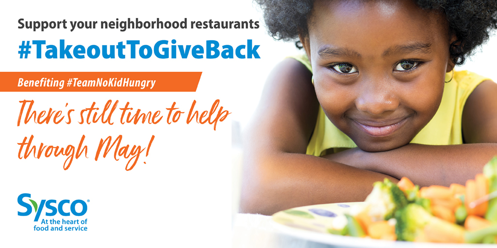 Sysco's tweet image. GOOD NEWS: There&apos;s still time to contribute - For every image posted using #TakeOutToGiveBack and #TeamNoKidHungry, Sysco is donating 50 cents to @nokidhungry up to $150,000 - now through May 31! #FoodserviceStrong #EndHunger