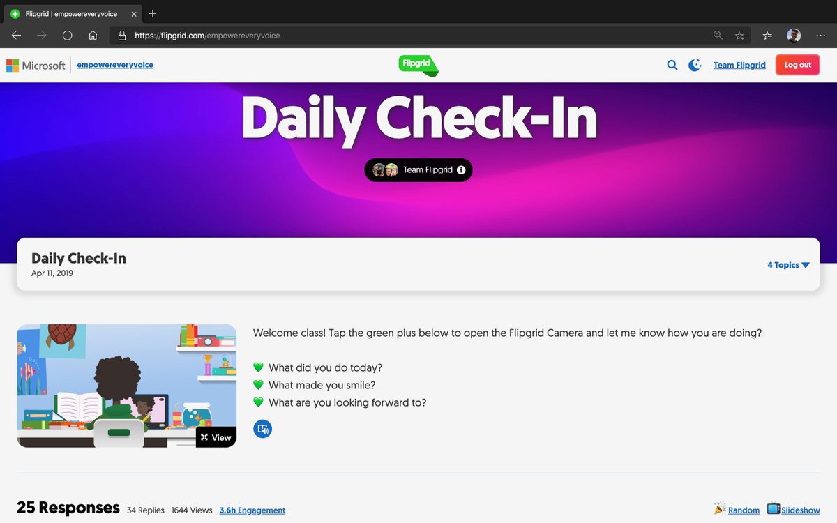 Connect with your learners every day no matter the distance, with a Daily Check-in Topic!

1️⃣ Record a message as your Topic video

2️⃣ Share on:
💜 Teams
💛 Google Classroom
💙 Remind
❤️ via email
💚 or anywhere with the unique URL

3️⃣ Engage, smile and laugh with your community!