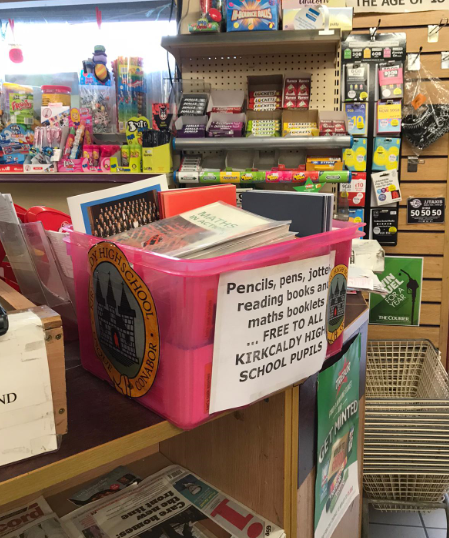 KirkcaldyHigh's tweet photo. KHS fair access ... you can collect free home learning resources ... stationery, pencils, pens, jotters, reading books, sketchbooks and maths books from USave in Valley Gardens #closethegap ... also T'hall Co-op and Malkha's. We'll restock as required. #respectlearning https://t.co/89hd8w0sNI