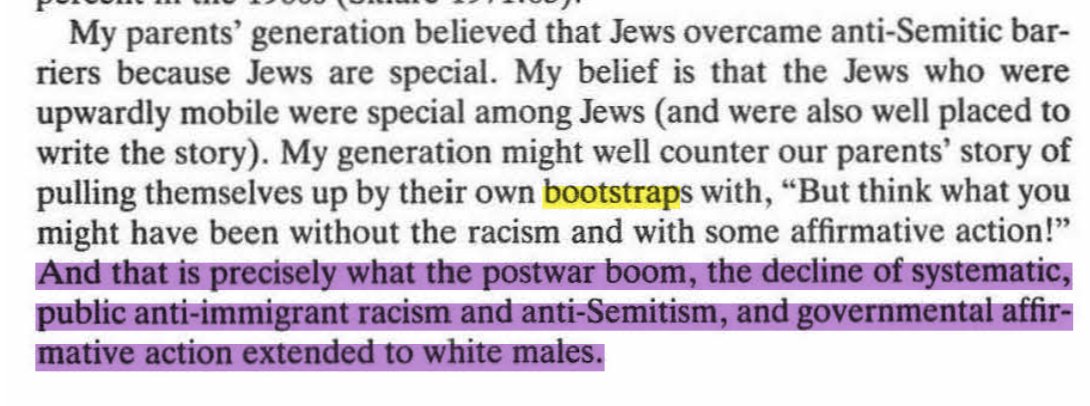 but in 1920s-1950s america, something happened: eastern euorpean jews had experience in in-demand trades and started small businesses, gathered money to go to college, fought in WWII and received GI bill rewards, and Shelley v. Kraemer let them buy (cheap) homes in white suburbs