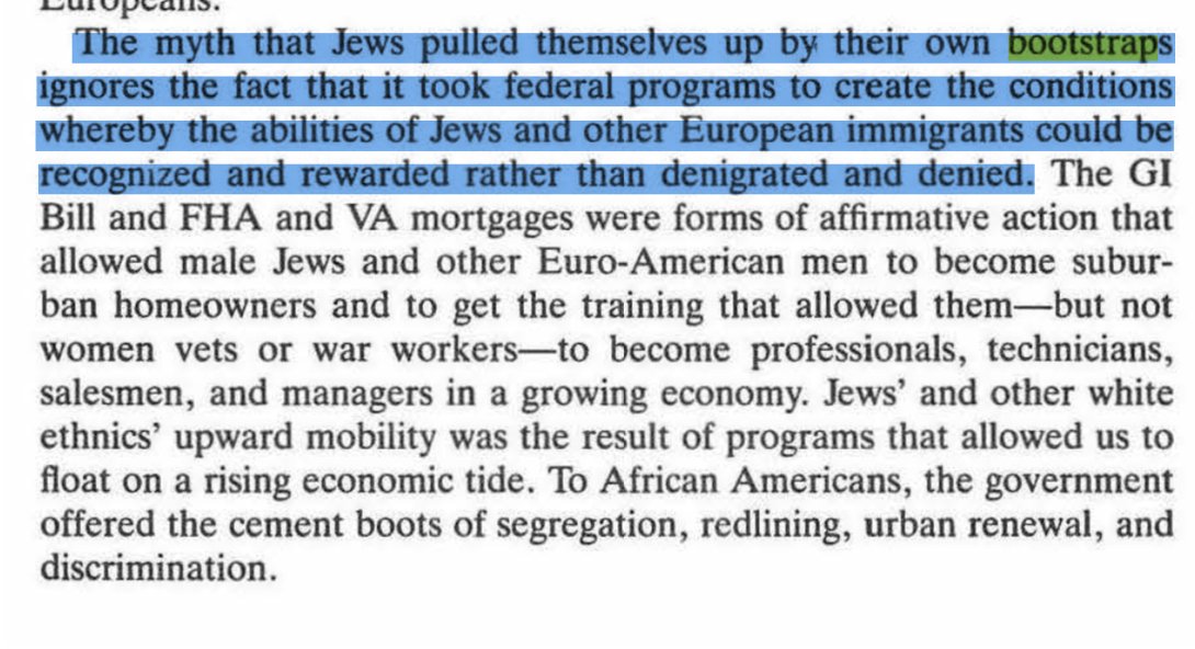 but in 1920s-1950s america, something happened: eastern euorpean jews had experience in in-demand trades and started small businesses, gathered money to go to college, fought in WWII and received GI bill rewards, and Shelley v. Kraemer let them buy (cheap) homes in white suburbs