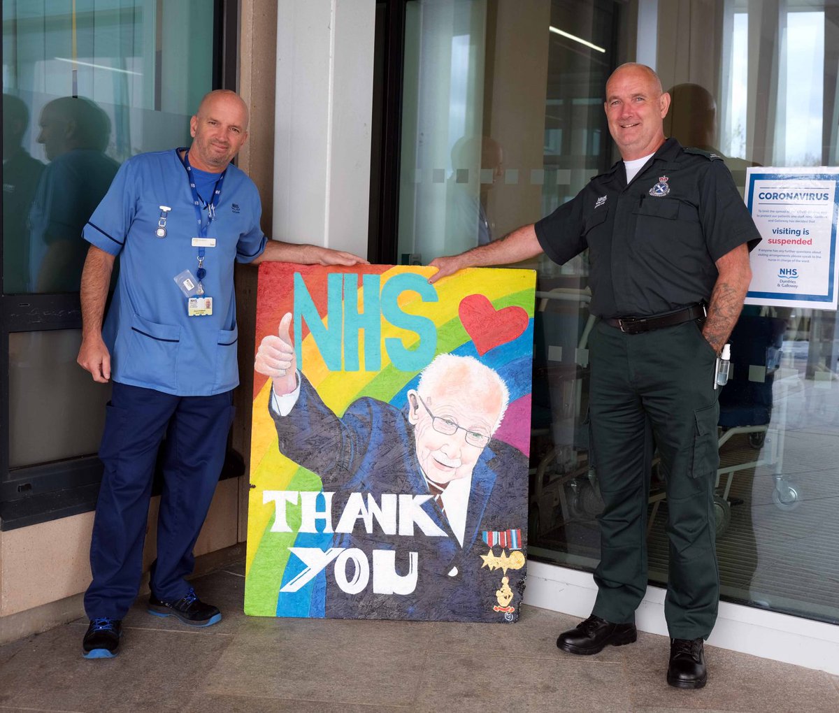 DGNHS's tweet photo. A painting of Captain Tom Moore was delivered to the entrance to DGRI this morning to help mark the NHS fund-raiser’s 100th birthday.

Read more here...

https://t.co/0LJTErLh13 https://t.co/emEfrH86ss