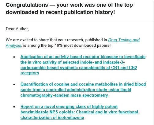 christophestove's tweet photo. @andcunningham @pblancka @AnneliesCan @fabianhulpia Same here. As a matter of fact, my 3 latest #DrugTestingandAnalysis publications were mentioned in the e-mail. Anyone out there that published in DTA between Jan 18 &amp; Dec 19 whose paper did NOT end up as a "#TopDownloadedPaper" 😉? Or did we all publish #TopDownloadedPapers 😂? https://t.co/kCJyVwUF4i
