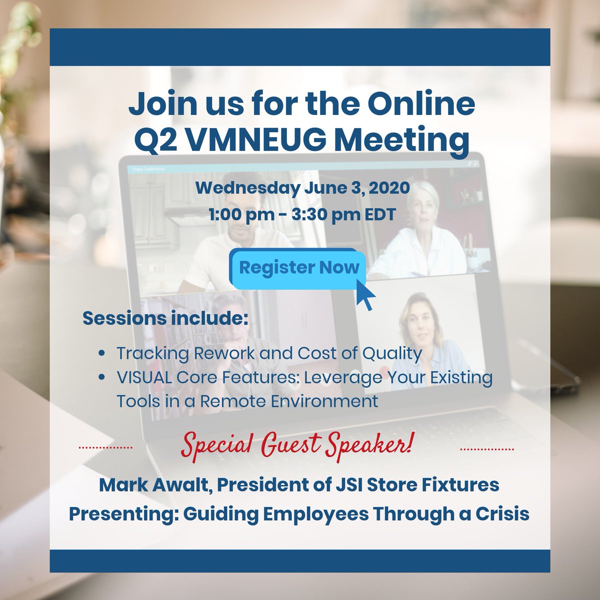 SR_MFG_ERP's tweet photo. Join us for the FREE Online VMNEUG Meeting! Hear from Special Guest Speaker, Mark Awalt, President of JSI Store Fixtures on how he is guiding his employees through this crisis. Enjoy #InforVISUAL education sessions & networking with fellow users. Details: https://t.co/40T1CWZR0f https://t.co/ZVLIDA4LLZ