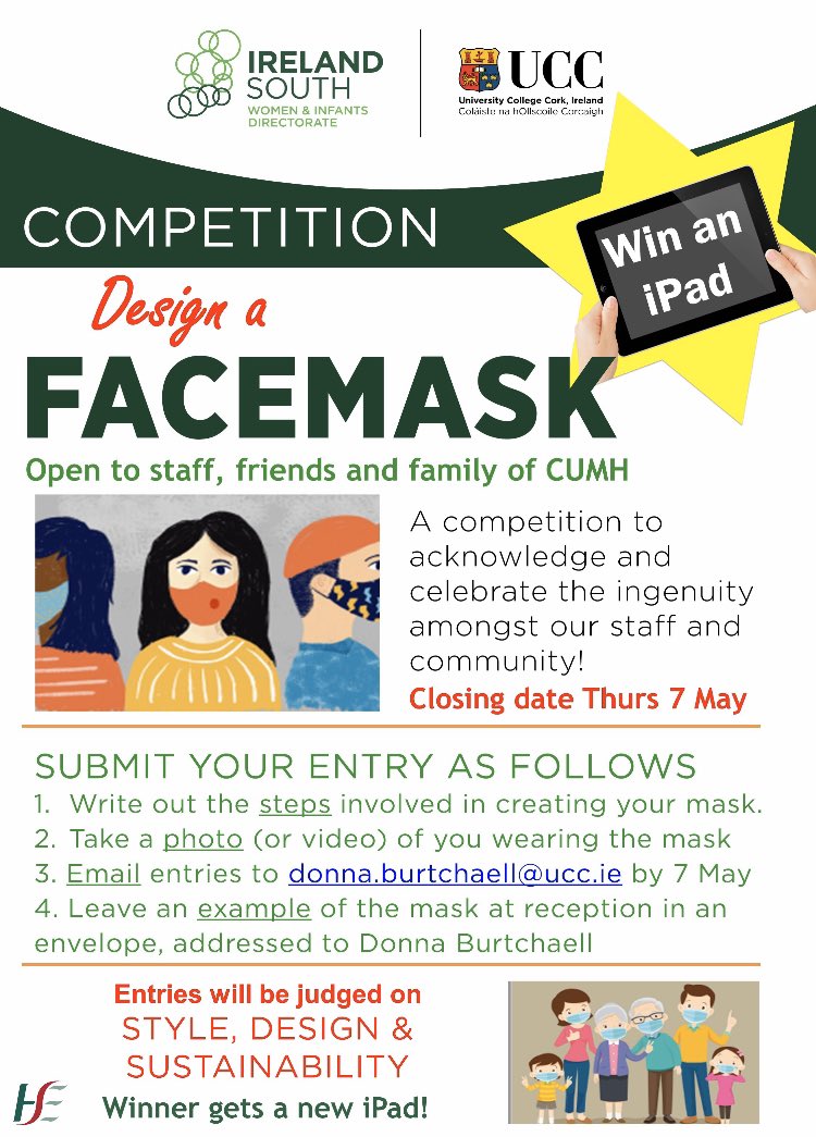 Calling all budding face mask creators!! We are running a competition -open to all. The winner gets a new iPad! Points are awarded for style, design and materials/sustainability.  Bonus points if you are cocooning! Closing date 7 May. See below!
