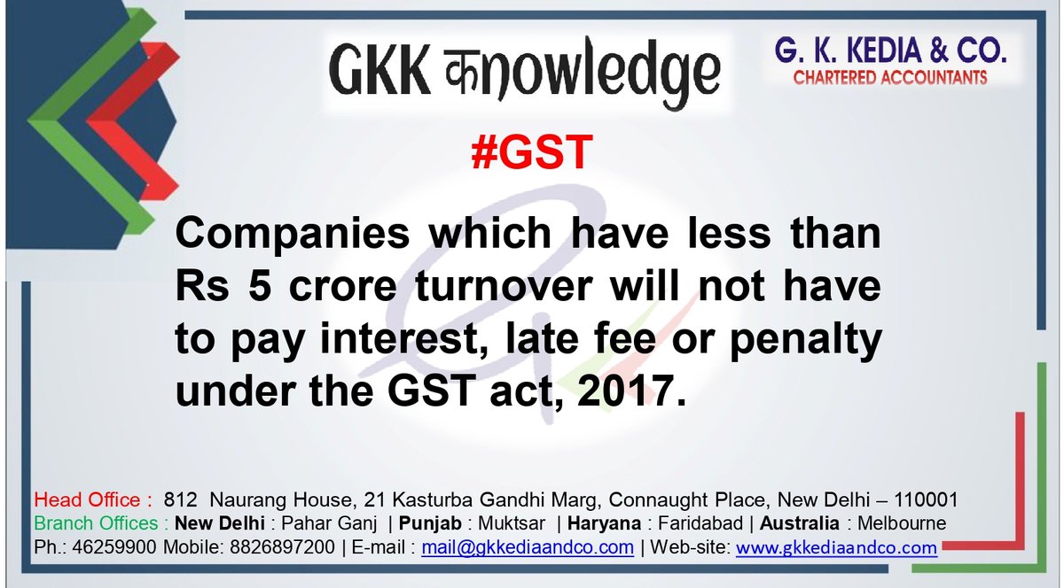 gkkediadelhi's tweet image. Companies which have less than Rs 5 crore turnover will not have to pay interest, late fee or penalty under the GST act, 2017.

#gkkediaandco #GST #GSTCompositionScheme #FDI #ecb #investmentinindia #taxbenefit #cagopalkumarkedia #incometaxrefund #teamgkkedia #refundreissue #icai
